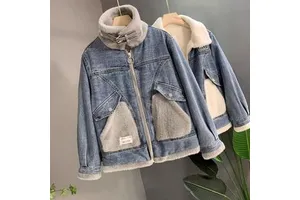 2026 Women's Custom with Jean Jacket with Hood Winter Streetwear Outdoor Fashion Fleece Denim