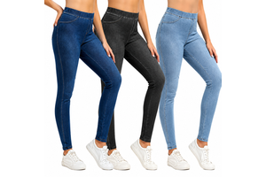 High Waisted Pull On Jeggings For Women Ankle Length Stretch Faux Denim Pants Tummy Control Wash Colors Skinny Yoga Jeans