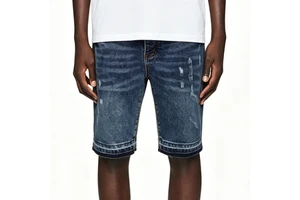 Men's Summer Vintage Wash Denim Shorts Custom Oversize Cotton Knee-Length Jorts Woven Mid Waist with Distressed Bone Baggy Style