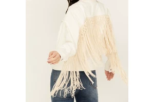 LARSUR Custom Factory Twill Denim Jacket with Fringe Tassel Bomber Cropped Short Button up Long Sleeves Jean Jacket for Women