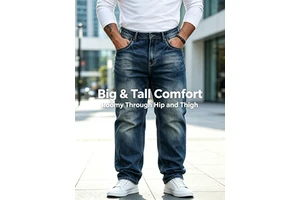 Wholesale Plus Size Men's Streetwear Jeans Classic Washed Blue Denim Straight Leg Stretch Breathable Big & Tall US Market Casual