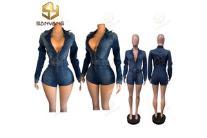 Stretch Denim One Piece Rompers Women Long Sleeve Zip up Belt Jumpsuit Fashion Streetwear Jean Overall