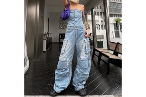 Off Shoulder Women Cargo Denim Jumpsuit With Pockets Solid Button up Wide Leg Stacked Rompers 2023 Winter Streetwear One Piece