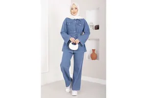 Women's Light Blue Denim Suit Belt Detail Jacket and Pants Coordinating Set