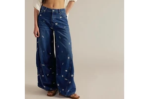 Acid Wash Denim Embroidery Women'S Jeans Wide Leg Loose Women Pants Cotton Slim Lady High Waist Straight Jeans