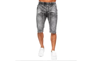 Men's Washed Denim Bermuda Shorts Mid Waist Drawstring Closure Casual Style Solid Color Cotton Fabric Breathable Design