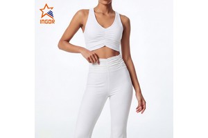 Custom Logo Womens Yoga Set Ruched Front Crop Sports Bra And High Waist Flare Leggings Buttery Soft 2 Piece Activewear Gym Set