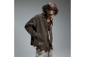 2025 Autumn Men's Clothing American Retro Detroit Denim Jacket with Front Logo Zipper Closure and Washed Leopard Print