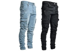 Fashion Denim Solid Color Men's Casual Skinny Work Pants Stretch Zippered Jeans