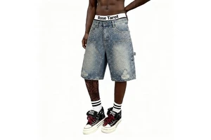 American-style High Street Light Blue Hot Drilling Denim Shorts Fireworks Drill Men's and Women's Loose Wide-leg Pants Straight