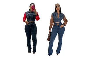 Trendy Denim Suit Popular in Europe.This Women's Outfit Features a Leather U-shaped Denim Patch Jacket Paired with Stretch Pants