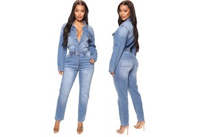 YUANBOFEI Women's Denim Jumpsuit Lapel Long Sleeve Elastic Waist Fashion Ladies Denim One Piece Outfit Women Jeans Casual Slim