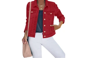 Women's Basic Buckle Elastic Slim Fit Long Sleeved Denim Motorcycle Jacket Autumn Winter Casual Varsity Bomber Cotton Fill Solid