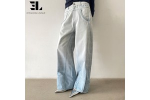 LARSUR Custom Denim Factory Premium Distressed Wash Baggy Denim Pant Straight Leg Classic Dtg Dgt Printed Jogging Jeans Women