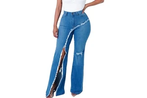 KY DIstressed Fashion Design Washed Blue High Quality Wide Leg Plus Size Women's Jeans Pants Denim