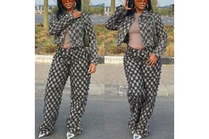 S1339 Chic Design Fashion High Quality Denim Woman 2 Piece Set Outfit Long Sleeve Grid Jacquard Patchwork Jacket and Pants Suits