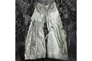 Men's Retro High Street Hip Hop Wide Leg Denim Pants Autumn Patchwork with Adjustable Drawstrings and Width Design