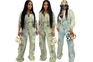 Think 2025 Women's Vintage Denim Crop Jacket & Cargo Jeans Set Slim Two-Piece Summer Spring