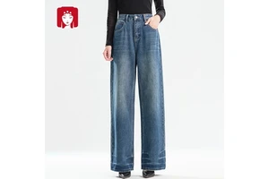 BuyiLirenGe 2025 New Women's High-Waisted Denim Wide-Leg Casual Loose Slimming Washed Button Jeans Retro Blue Stock Wholesale