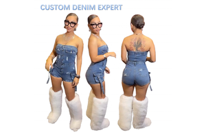 Washed Blue Stretch Strapless Jean Jumpsuits Women Sleeveless Tight Fit Women's Denim Overalls Jumpsuits Summer