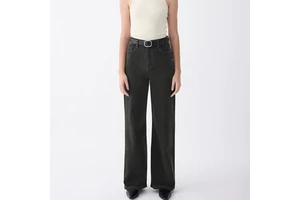 Simple Women's Black High Waist Wide Leg Full Length Denim Jeans With Belt Casual Style 100% Cotton Washable Autumn Wear Jeans