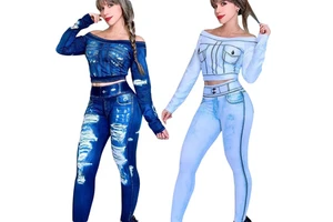 Women's Off-Shoulder Elegant Commuter Suit Long-Sleeved Pants Denim Print Ready Stock Casual 100% Polyester Quick Dry