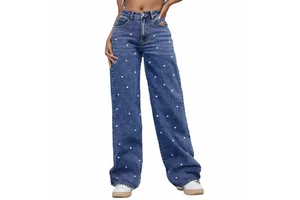 Vintage Washed Women's Baggy Denim Jeans High-Rise Loose-Fit Straight Trousers with All-Over Pearl Rhinestone Decoration
