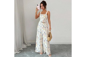 Custom All Over Floral Print Jumpsuit For Women Casual Wide Leg Pantsuit Ladies