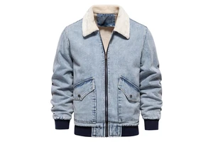 OEM Service Stylish Men's Blue Jeans Jacket With Fur Zipper Up Elastic Cuff Cotton Made Streetwear Men's Jean Jacket Coat