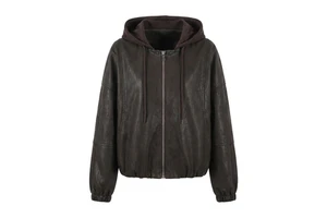 Women's Solid Hooded Oversized PU Leather Bomber Jacket Zip-Up Cropped With Drawstring Hem Coated Spring