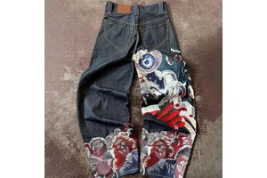 Vintage Distressed Embroidered Oversized Unisex Baggy Denim Jeans Knitted 100% Cotton Zipper Decor Mid Waist Casual Straight