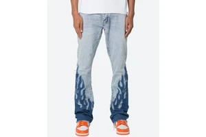 Yinope New Design Custom Men's Vintage Wash Light Blue Flame Panel Patch Distressed Stacked Flare Fit Denim Jeans