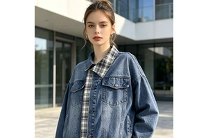 New Arrival Women's Faux Two-Piece Denim Jacket Checkered Shirt Patchwork Loose Fit Denim Jacket Factory Wholesale