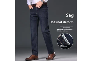 Hot Sale Plus Size Men's Elastic Straight Casual Pants Denim Jeans Medium Wash Zipper Long Slim Pockets Autumn
