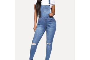 Fashion Denim Overalls Women Casual Daily Jumpsuit Solid Holes Straps Tight Calf Jeans