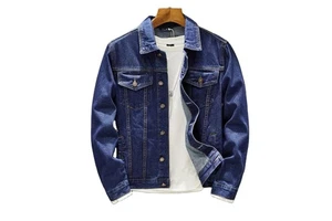 New Fall Classic Blue Mens Single-Breasted Slim-Fit Denim Coat Solid Color Motorcycle Jeans Jacket