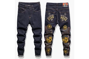 Men's High Quality Plus Size Hip Hop Harem Pants Big Embroidery Patch Mid-Waist Button Decoration Washed Jeans