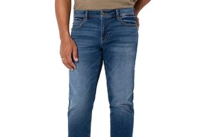 Mens Blue Knitted Straight Denim Jeans Stretch Cotton Casual Washed Classic Fit Durable Streetwear 250 GSM Mid Rise Wholesale