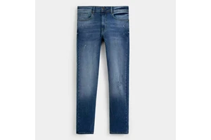 Medium Blue Denim Jeans Men's Slim Fit Pants Distressed Wash Comfortable Trendy Casual Trousers Straight Leg Stylish