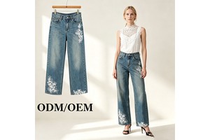 High Waist Floral Lace Printed Wide Leg Jeans For Women Vintage Wash Straight Denim Pants Aesthetic Y2K Streetwear Trouser