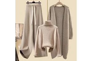 2024 New Women's Winter Suit Loose-Fit Plus Size Knit Sweater Jacket Slimming Bell Bottoms Three-Piece Set Idle Style