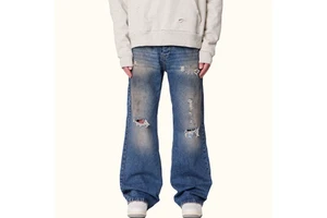 Fashionable Men Vintage Flared Denim Pants Dark Blue Washed Baggy Wide Ripped Jean Pants Men