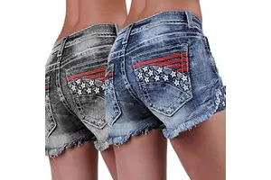 Summer Chic Women's Denim Embroidered Shorts Pop Stretch Patch Denim Embroidered Ripped Denim Shorts