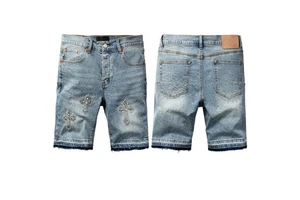 Manufacturer Custom Luxury Jeans Men Cross Patch Jeans Y2K Long Denim Shorts Rhinestone Denim Shorts
