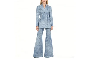 A11590 Lady Fashion Denim Suit Floral Long Sleeve Blazer Flared Pants Laser Engraving Notched Double-Breasted Office Lady Button