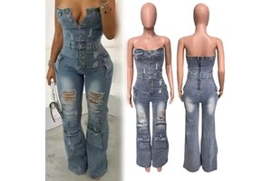 PEEQI 6028 Women Denim Stretch Pocket Patchwork Jeans Casual Streetwear One Piece Cargo Jumpsuits Bodycon