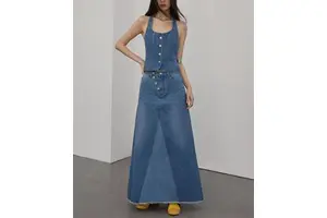 Women's Custom Two-Piece Set Summer A-Line Skirt Suit with Halter Denim Vest & Short Spliced Color Cowboy Style Custom Denim Set
