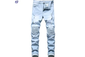 Hot Selling Custom Made Men's Distress Ripped Pants Breathable Flare Fit Denim Jeans Street Wear Coated Plus Size Boy Skinny