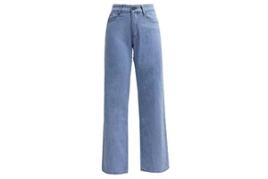 Retro high waist denim trousers made from premium cotton fabric featuring a loose relaxed fit stylish fade and secure button