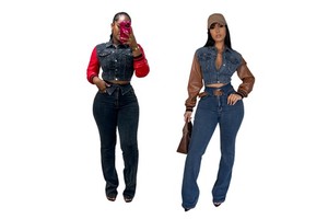 Retro Denim Women 2 Piece Set Outfit Trendy Leather Denim Patchwork Crop Jacket and High Waist Jeans Suits